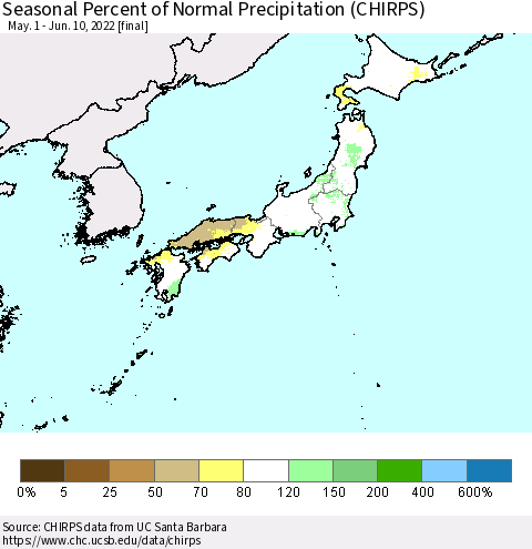 Japan Seasonal Percent of Normal Precipitation (CHIRPS) Thematic Map For 5/1/2022 - 6/10/2022