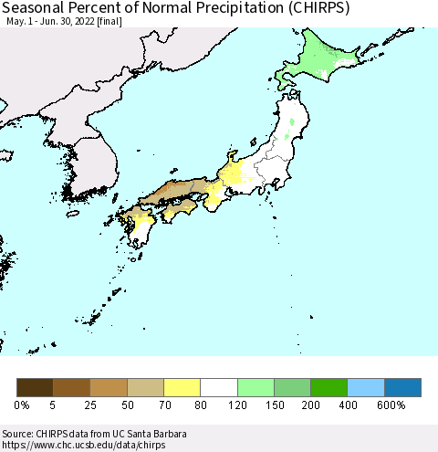 Japan Seasonal Percent of Normal Precipitation (CHIRPS) Thematic Map For 5/1/2022 - 6/30/2022