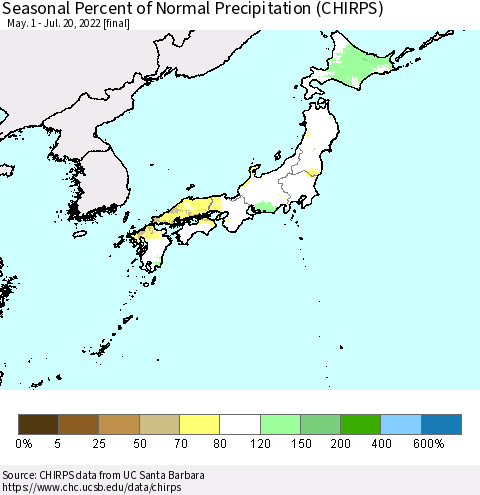 Japan Seasonal Percent of Normal Precipitation (CHIRPS) Thematic Map For 5/1/2022 - 7/20/2022