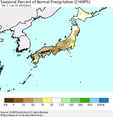 Japan Seasonal Percent of Normal Precipitation (CHIRPS) Thematic Map For 12/1/2022 - 1/10/2023