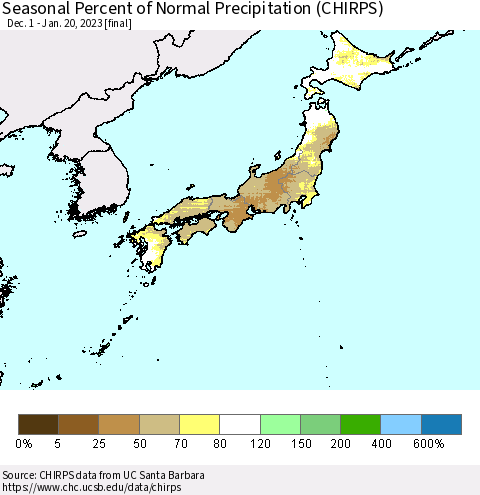 Japan Seasonal Percent of Normal Precipitation (CHIRPS) Thematic Map For 12/1/2022 - 1/20/2023