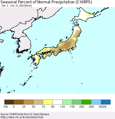 Japan Seasonal Percent of Normal Precipitation (CHIRPS) Thematic Map For 12/1/2022 - 1/31/2023