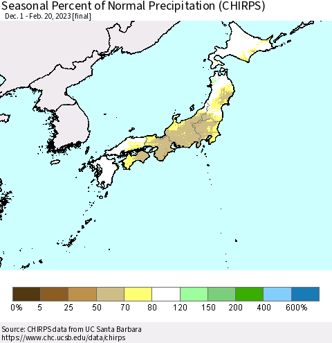 Japan Seasonal Percent of Normal Precipitation (CHIRPS) Thematic Map For 12/1/2022 - 2/20/2023