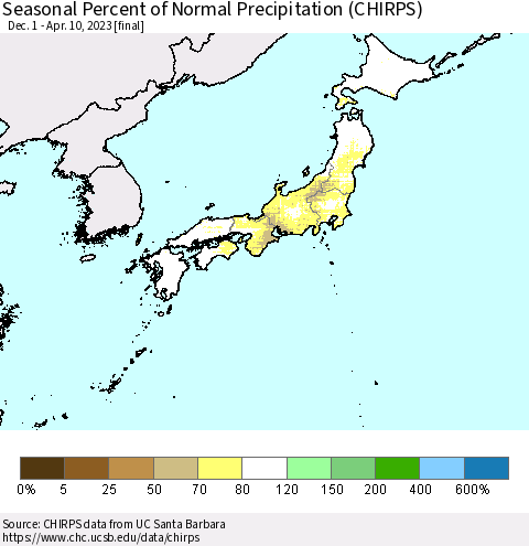 Japan Seasonal Percent of Normal Precipitation (CHIRPS) Thematic Map For 12/1/2022 - 4/10/2023
