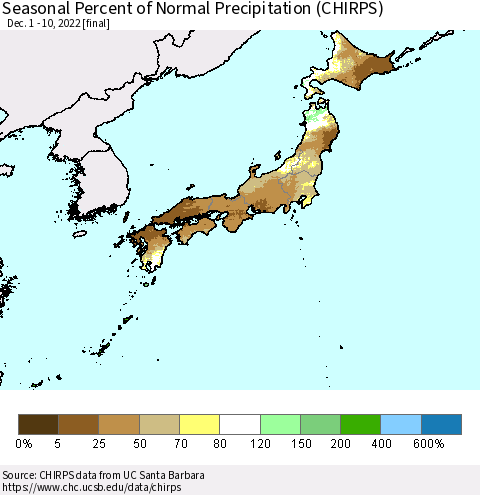 Japan Seasonal Percent of Normal Precipitation (CHIRPS) Thematic Map For 12/1/2022 - 12/10/2022