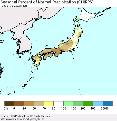 Japan Seasonal Percent of Normal Precipitation (CHIRPS) Thematic Map For 12/1/2022 - 12/31/2022