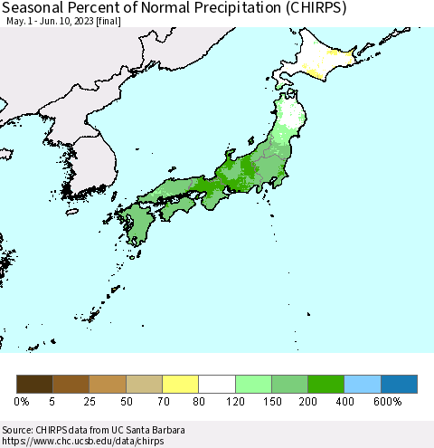 Japan Seasonal Percent of Normal Precipitation (CHIRPS) Thematic Map For 5/1/2023 - 6/10/2023
