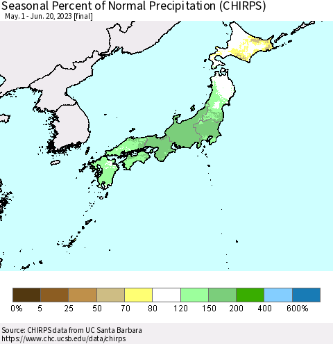 Japan Seasonal Percent of Normal Precipitation (CHIRPS) Thematic Map For 5/1/2023 - 6/20/2023