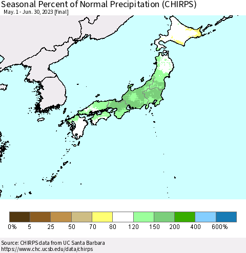 Japan Seasonal Percent of Normal Precipitation (CHIRPS) Thematic Map For 5/1/2023 - 6/30/2023