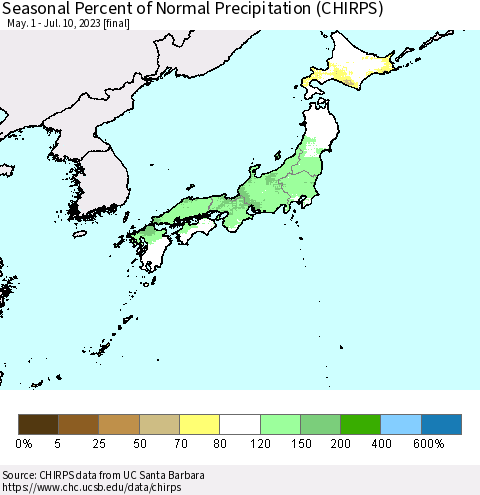 Japan Seasonal Percent of Normal Precipitation (CHIRPS) Thematic Map For 5/1/2023 - 7/10/2023