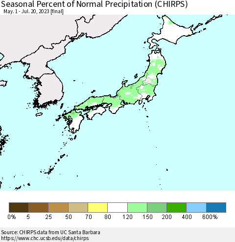 Japan Seasonal Percent of Normal Precipitation (CHIRPS) Thematic Map For 5/1/2023 - 7/20/2023