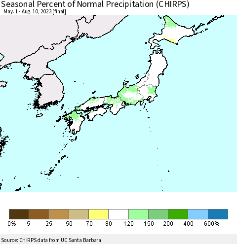 Japan Seasonal Percent of Normal Precipitation (CHIRPS) Thematic Map For 5/1/2023 - 8/10/2023