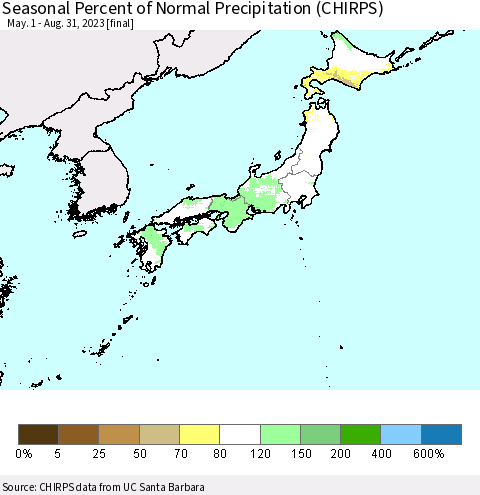 Japan Seasonal Percent of Normal Precipitation (CHIRPS) Thematic Map For 5/1/2023 - 8/31/2023