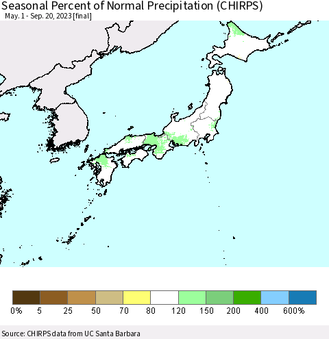 Japan Seasonal Percent of Normal Precipitation (CHIRPS) Thematic Map For 5/1/2023 - 9/20/2023