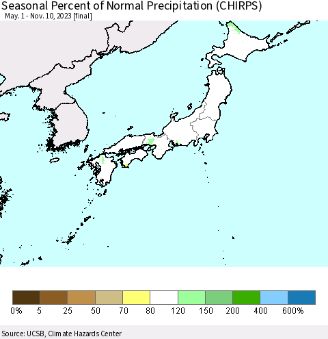 Japan Seasonal Percent of Normal Precipitation (CHIRPS) Thematic Map For 5/1/2023 - 11/10/2023