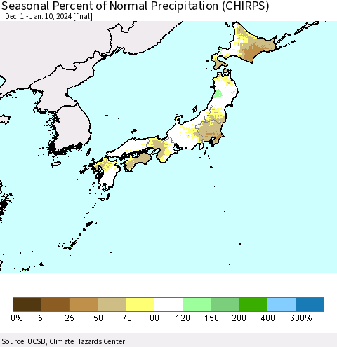 Japan Seasonal Percent of Normal Precipitation (CHIRPS) Thematic Map For 12/1/2023 - 1/10/2024