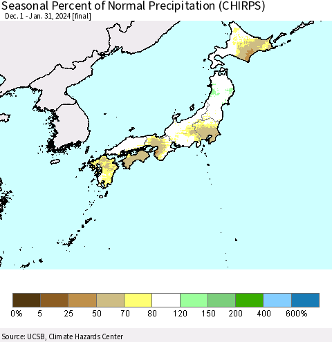 Japan Seasonal Percent of Normal Precipitation (CHIRPS) Thematic Map For 12/1/2023 - 1/31/2024