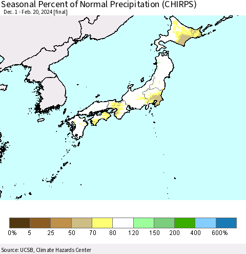 Japan Seasonal Percent of Normal Precipitation (CHIRPS) Thematic Map For 12/1/2023 - 2/20/2024