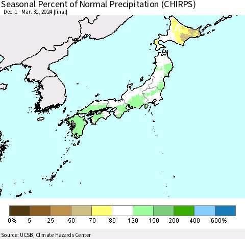 Japan Seasonal Percent of Normal Precipitation (CHIRPS) Thematic Map For 12/1/2023 - 3/31/2024