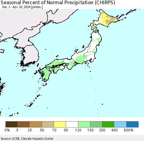 Japan Seasonal Percent of Normal Precipitation (CHIRPS) Thematic Map For 12/1/2023 - 4/20/2024