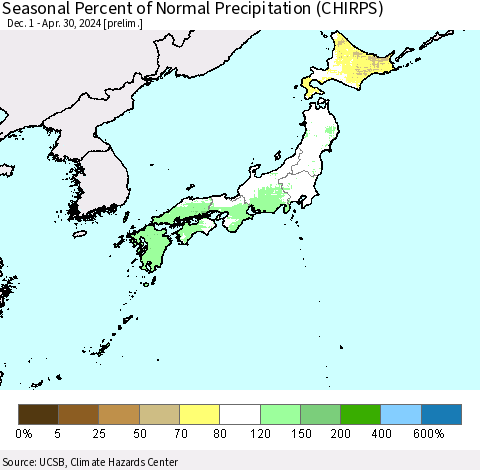 Japan Seasonal Percent of Normal Precipitation (CHIRPS) Thematic Map For 12/1/2023 - 4/30/2024