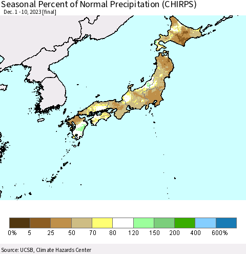 Japan Seasonal Percent of Normal Precipitation (CHIRPS) Thematic Map For 12/1/2023 - 12/10/2023