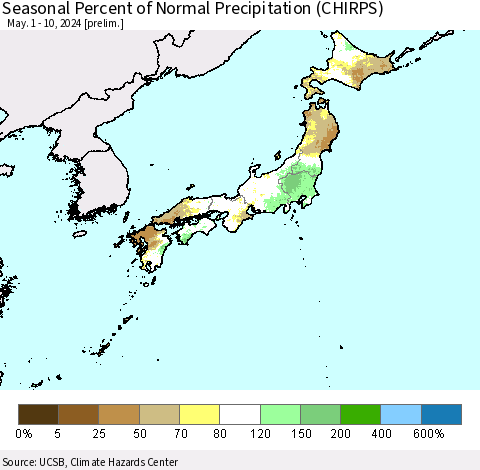 Japan Seasonal Percent of Normal Precipitation (CHIRPS) Thematic Map For 5/1/2024 - 5/10/2024