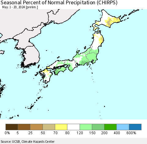 Japan Seasonal Percent of Normal Precipitation (CHIRPS) Thematic Map For 5/1/2024 - 5/20/2024