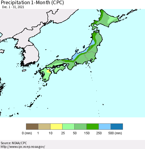 Japan Precipitation 1-Month (CPC) Thematic Map For 12/1/2021 - 12/31/2021
