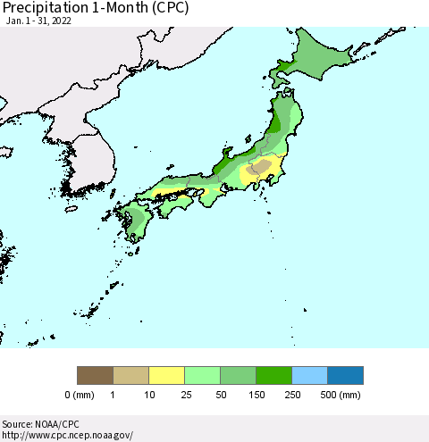 Japan Precipitation 1-Month (CPC) Thematic Map For 1/1/2022 - 1/31/2022