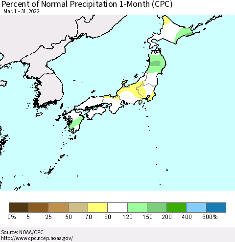 Japan Percent of Normal Precipitation 1-Month (CPC) Thematic Map For 3/1/2022 - 3/31/2022