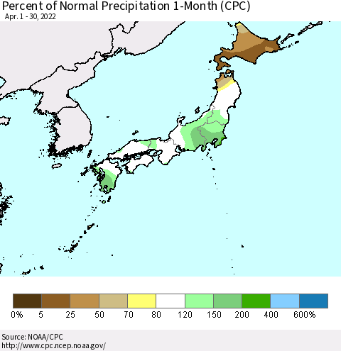 Japan Percent of Normal Precipitation 1-Month (CPC) Thematic Map For 4/1/2022 - 4/30/2022