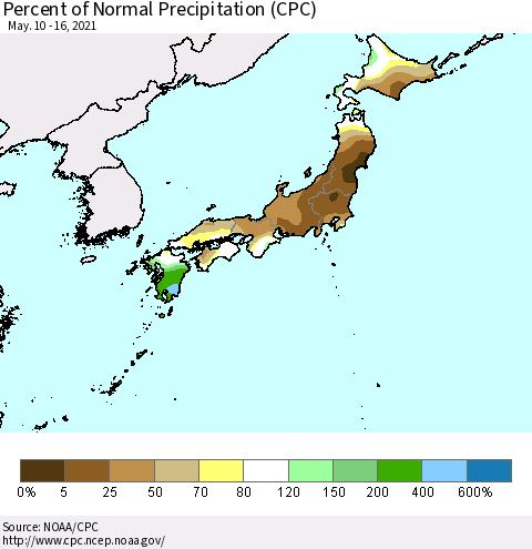 Japan Percent of Normal Precipitation (CPC) Thematic Map For 5/10/2021 - 5/16/2021