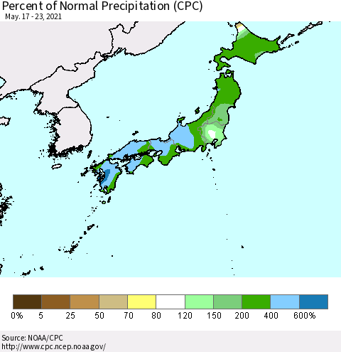 Japan Percent of Normal Precipitation (CPC) Thematic Map For 5/17/2021 - 5/23/2021