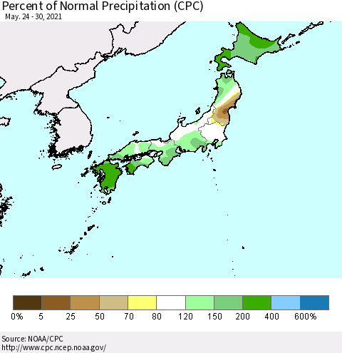 Japan Percent of Normal Precipitation (CPC) Thematic Map For 5/24/2021 - 5/30/2021