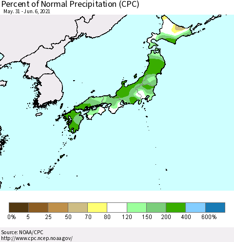 Japan Percent of Normal Precipitation (CPC) Thematic Map For 5/31/2021 - 6/6/2021