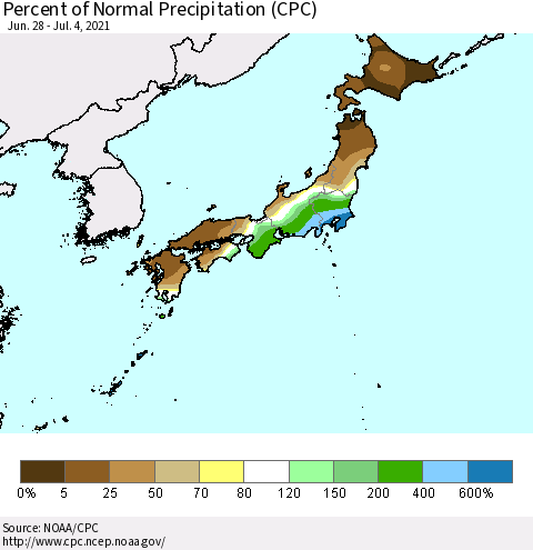Japan Percent of Normal Precipitation (CPC) Thematic Map For 6/28/2021 - 7/4/2021