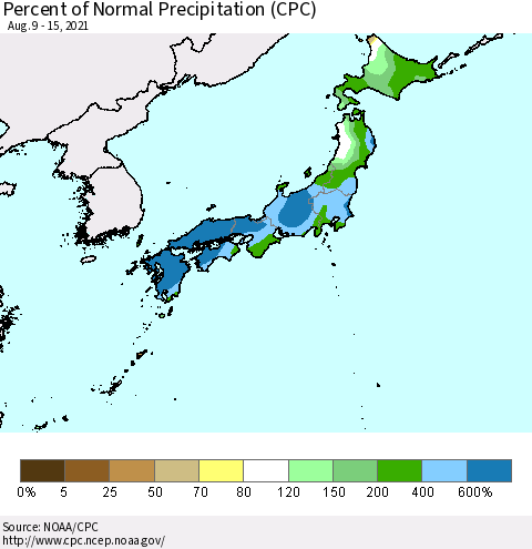 Japan Percent of Normal Precipitation (CPC) Thematic Map For 8/9/2021 - 8/15/2021