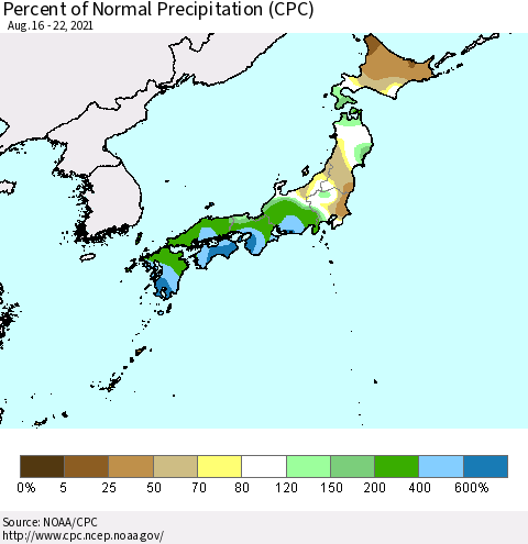 Japan Percent of Normal Precipitation (CPC) Thematic Map For 8/16/2021 - 8/22/2021