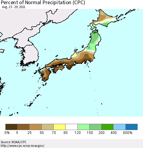Japan Percent of Normal Precipitation (CPC) Thematic Map For 8/23/2021 - 8/29/2021