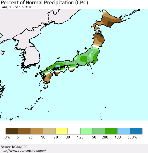 Japan Percent of Normal Precipitation (CPC) Thematic Map For 8/30/2021 - 9/5/2021