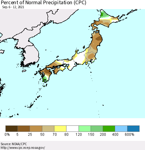 Japan Percent of Normal Precipitation (CPC) Thematic Map For 9/6/2021 - 9/12/2021
