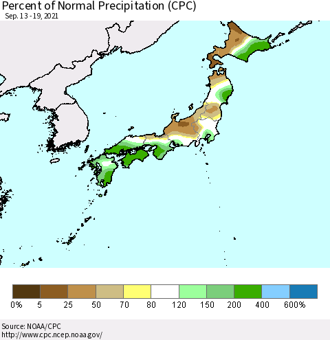 Japan Percent of Normal Precipitation (CPC) Thematic Map For 9/13/2021 - 9/19/2021
