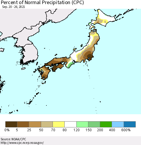 Japan Percent of Normal Precipitation (CPC) Thematic Map For 9/20/2021 - 9/26/2021