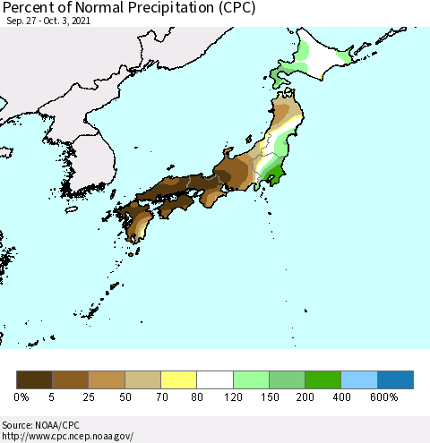 Japan Percent of Normal Precipitation (CPC) Thematic Map For 9/27/2021 - 10/3/2021