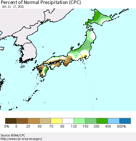 Japan Percent of Normal Precipitation (CPC) Thematic Map For 10/11/2021 - 10/17/2021