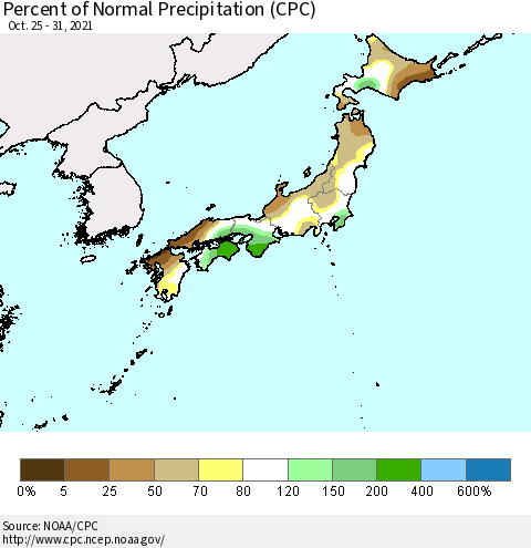 Japan Percent of Normal Precipitation (CPC) Thematic Map For 10/25/2021 - 10/31/2021