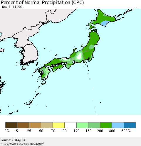 Japan Percent of Normal Precipitation (CPC) Thematic Map For 11/8/2021 - 11/14/2021