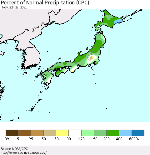 Japan Percent of Normal Precipitation (CPC) Thematic Map For 11/22/2021 - 11/28/2021