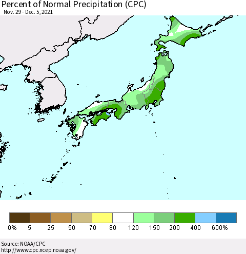Japan Percent of Normal Precipitation (CPC) Thematic Map For 11/29/2021 - 12/5/2021